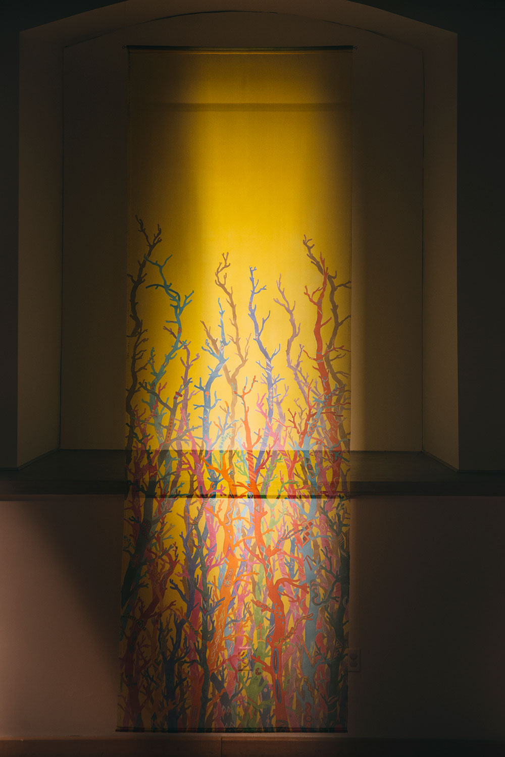 Transparent organza - silk painting depicting colored sticks