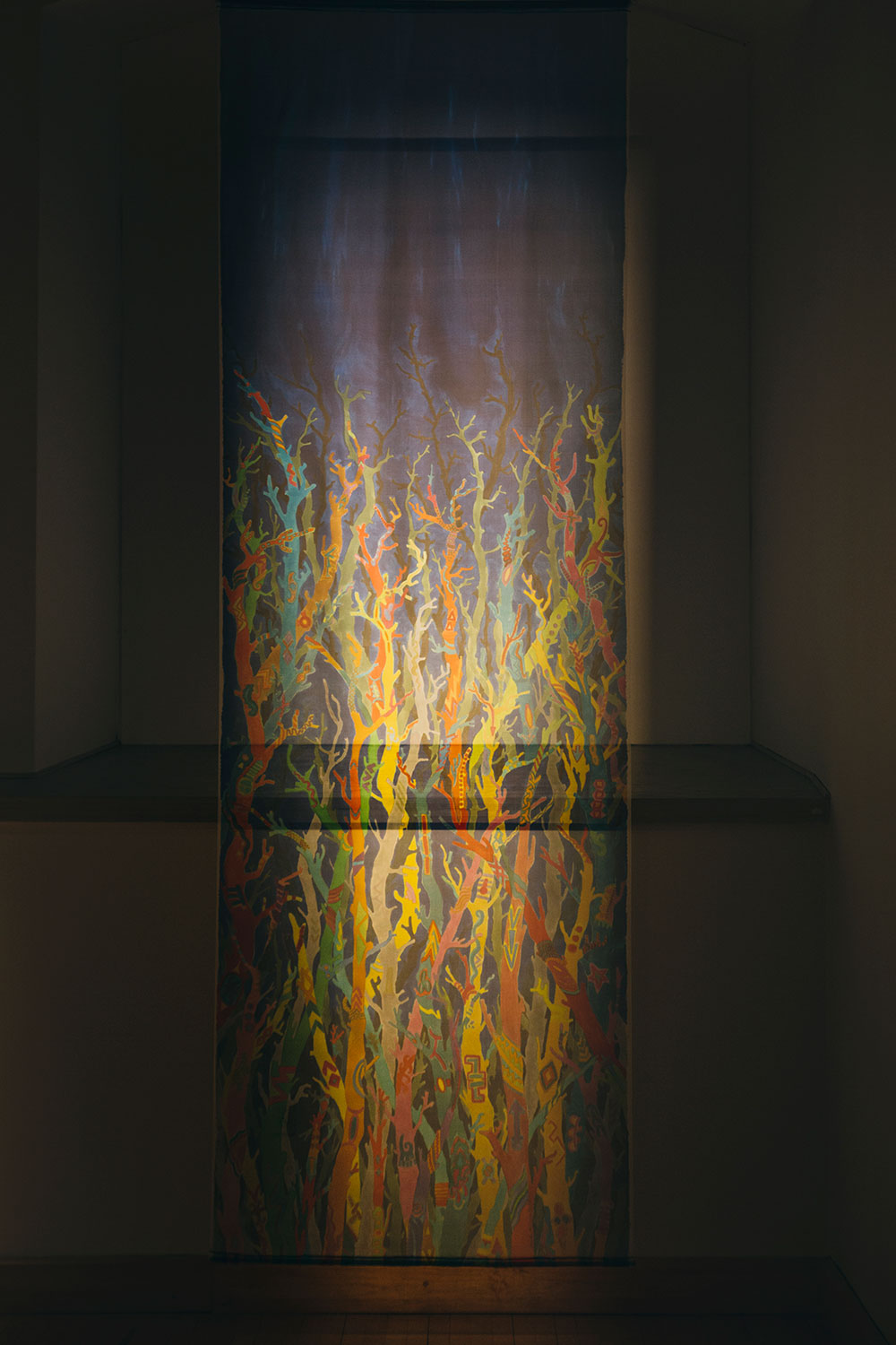Transparent organza - silk painting depicting colored sticks