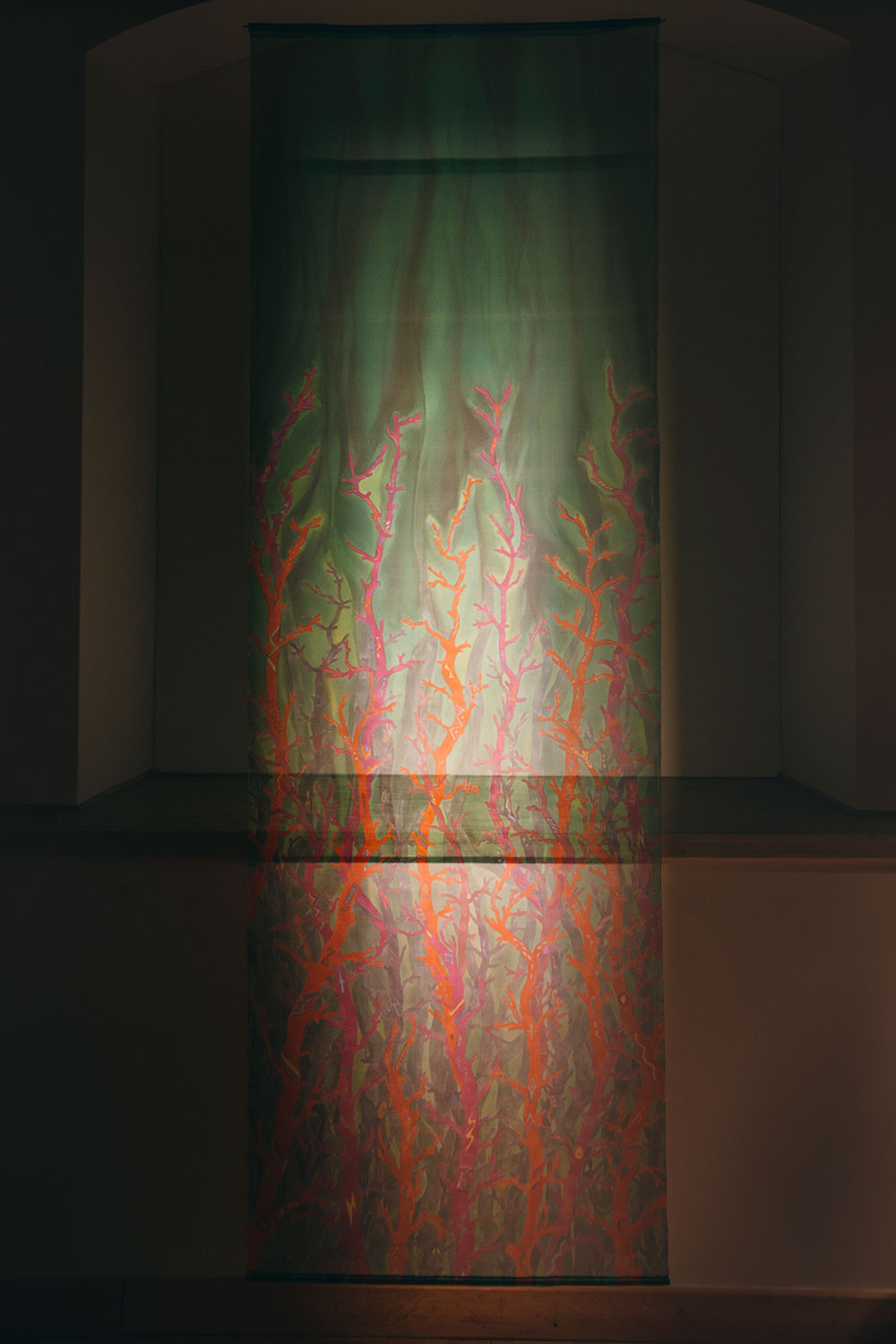 Transparent organza - silk painting depicting colored sticks